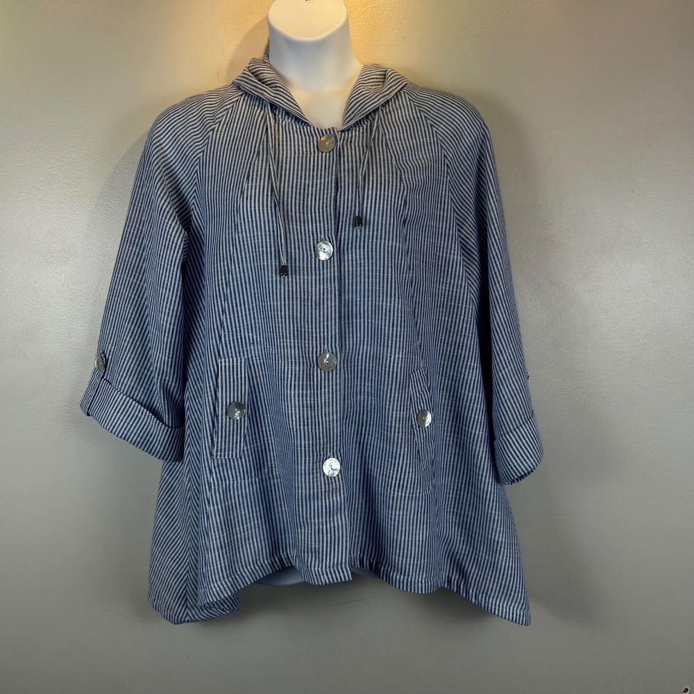 Jones & Co Jones New York Blue White Striped Linen Blend Hooded Jacket XL